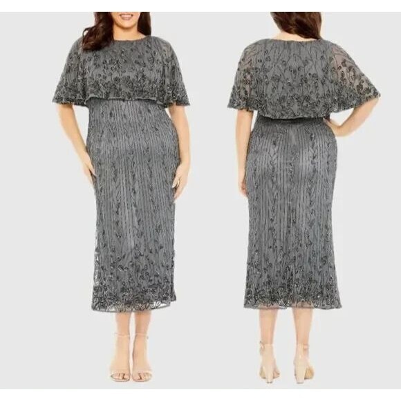 Mac Duggal NWT Size 20W Beaded Column Dress With Cape Pewter Gray‎ $498 - Picture 1 of 6